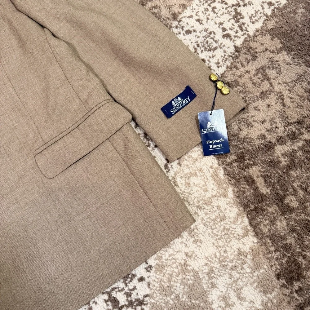 Vintage Stafford Mens Tan Hopsack Blazer 46R Wool Gold Buttons NWT Academia